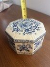Vintage Tin English Decoration Floral Blue White Hexagon Hinged Lid 