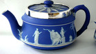 1920 Chester O w Sterling Silver Wedgwood Dark Blue Jasper Ware 3 Pieces Tea Set