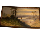 Antique Oil On Board Painting Of Coastal Scene Sailboat Framed 16 X 29 1 2 In 