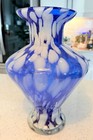 Large 13  Tall Blue White Mottled Heavy Blown Art Glass Vase