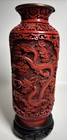 Vintage Chinese Carved Cinnabar Vase W  Wooden Stand     9  Lacquer Carving