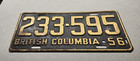      1956 British Columbia  passenger  License Plate  233-595  Canada
