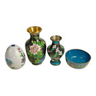 Vintage Chinese Cloisonn   Floral Enameled Vases Bowl Egg  set Of 4 