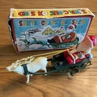 Working W box Vintage Celluloid Santa   Reindeer W metal Sleigh Wind Up Toy