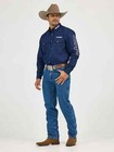 Men s Wrangler   Logo Long Sleeve Button Down Solid Shirt Navy All Size Available