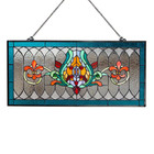 Blue Fleur De Lis Stained Glass Pub Window Panel Horizontal Decorative Accessory