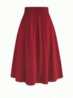 Women s High Waist A-line Midi Skirt - Solid Red With Front Bow Tie  Flattering