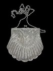 Elegant Glass Beaded Silver Tone Shell Design Evening Bag