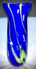 Vintage Italian Murano Cobalt Blue Art Glass Vase Millefiori Green Ribbon 9  Mcm