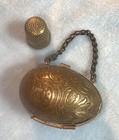 Antique Victorian Thimble Egg Case Holder Etui Chatelaine Embossed Brass    