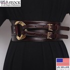 Women Cowhide Leather Corset Belt Double Prong Buckle Wide Waistband Decorative