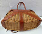 Vtg Wicker And Leather Creel Basket W pouch Made In British Hong Kong