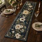 Blue Floral Quilted Table Runner  White Flower Dragonfly  Farmhouse Decor
