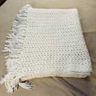 Handmade Knitted Afghan Throw Blanket With Fringe Cream Ivory Cottage 44 X 74 In