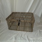 Vintage Woven Rattan Wicker Trunk     Boho Storage Basket Chest With Leather   