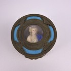 Antique French Enamel Gilt Bronze Guilloche Powder Box W  Mirror   Glass Insert