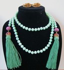 Heidi Daus Turquoise Beaded Necklace Set With Green Tassel Earrings   Rhinestone