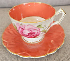 Aynsley Cabbage Rose Orange Crocus Shape Vintage Teacup And Saucer Set Rare