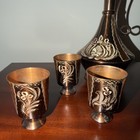 Vintage Turkish Copper Floral Ewer Pitcher Etched With Shot Glass Cups