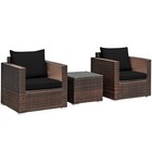 3pcs Rattan Patio Outdoor Conversation Furniture Set W  Black Cushions