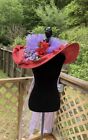 Edwardian Southern Large Brim Cranberry   Grape Felt Hat W Flowers    Tulle Ribbon