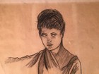 Vintage Original Charcoal Drawing Pretty Young Woman With Moody Glance Unsigned