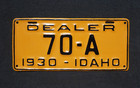 1930 Idaho Dealer License Plate Low Digit Number   70 - A