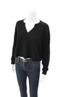Beyond Yoga Womens Waffle Knit V-neck Long Sleeve Cropped Top Black Size S