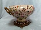Asian Pedistal Porcelain Bowl Brass Handles Base Decorated Birds And Flowers