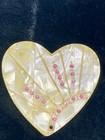 Vtg Heart Shaped Compact Mirror Faux Mother Of  Pearl Celluloid Inlay Rinestones