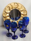 Set Of 4 Cobalt Blue Stemmed Painted Wine Glasses  Celestial Sun Moon Stars 