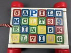 Vintage 1970s Playskool Alphabet   Number Wooden Blocks Pull Wagon Toy Set