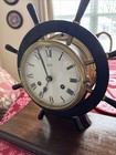 Schatz Brass Ship Wheel Clock Mariner In Wood Stand Vintage Collectible Decor