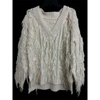 Anthropologie Shaggy Fringe Metallic V-neck Cable Knit Sweater Ivory Cream M
