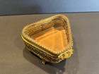 Vtg Ormolu Filigree Beveled Glass Jewelry Velvet Triangle Trinket Box Casket