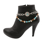 Women 2pcs Silver Metal Cowboy Boot Chain Shoe Anklets Wave Ethnic Flower Charms