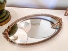 Vintage Matson Hollywood Regency Gold Metal Oval Vanity Mirror Tray Roses 16   x9   