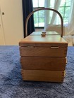 Vtg Sewing Box Wood 3 Tier Accordion Dovetailed Basket Rare Fabrique En Roumanie