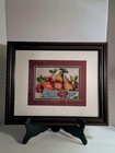 Vintage Needlepoint  completed   Framed Folk Art still Life Fruit  Denmark Made 