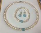 Real White Cultured Pearl Blue Aquamarine Necklace Bracelet Earrings Set 18 7 5