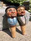 Antique Vintage Anri Carved Wood Mechanical Mouth Eye Bottle Stopper Cork Pair