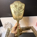 Vintage Gold-tone Floral Vanity Set  Hand Mirror  Hair Brush   Comb And Tray