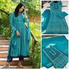 Women s Traditional Anarkali Kurta Set With Dupatta     Teal Blue Ethnic Printed S