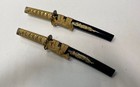 Vintage Japanese Style Tanto Dagger Pair Raised Dragon Blade Gold Tone 2pc