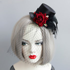 Gothic Punk Small Top Hat Black Veil Hair Clip Feather Flower Wedding Party Cute