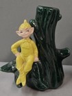 Vintage 1951 Gilner Pixie Elf Green Tree Trunk Planter Matte Face 6    Tall Set