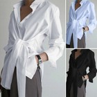 Women Long Sleeve Buttons Down Tunics Tie Shirt Tops Asymmetrical Blouse Loose  