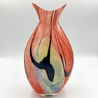 10 5  Murano Style Art Glass Vase - Red Yellow Blue   Black Abstract Swirls