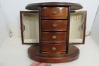 1980 s Wooden Jewelry Box Vintage Dark Cherry Wood Four Drawer Two Side Panels