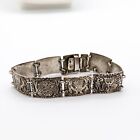 Vtg 900 Coin Silver Peruvian Story Link Panel Bracelet Inca God Deity Peru Aztec